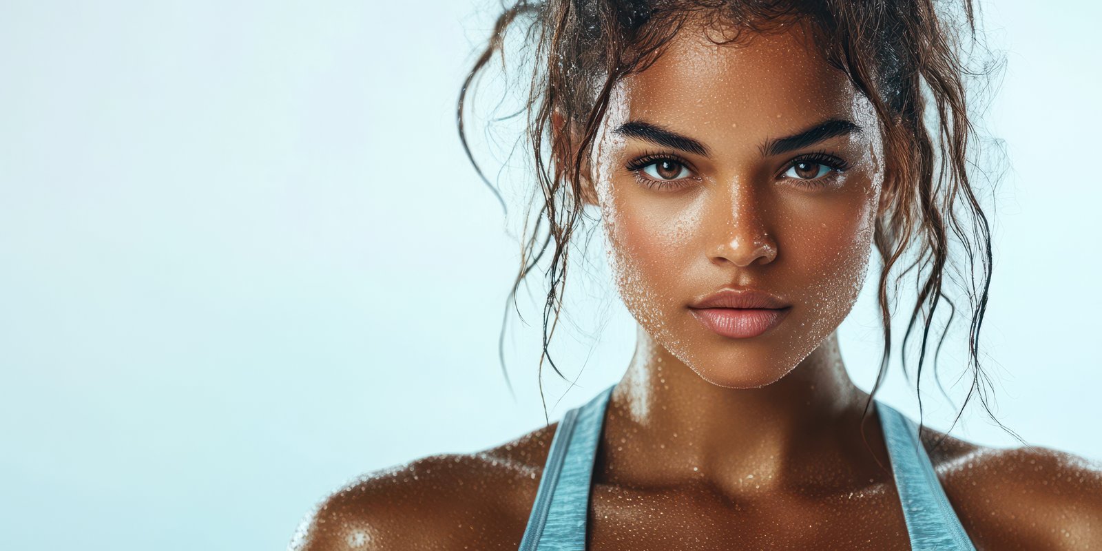 Portrait of a confident woman with wet hair and glistening skin showcasing strength and empowerment in a serene setting